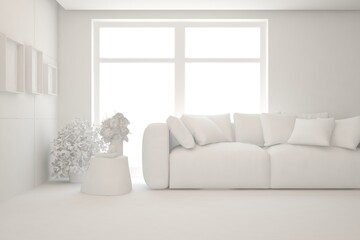 Mock up of minimalist living room in white color with sofa. Scandinavian interior design. 3D illustration
