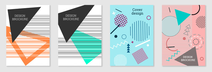 Set of cover design in Memphis style. Geometric design, abstract background. Fashionable bright cover, banner, poster, booklet. Creative colors.