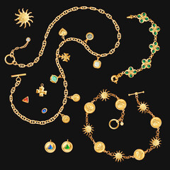 Gold chains bracelets, brooches