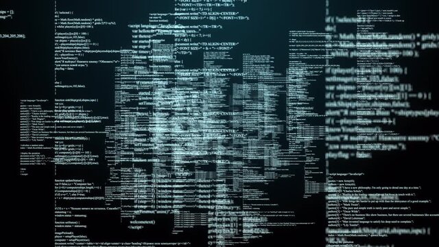 programming code Motion graphics. Abstract animated tech background. hi-tech digital cyber concept virtual design. flying through digital cyberspace. Computer technology. Web development 