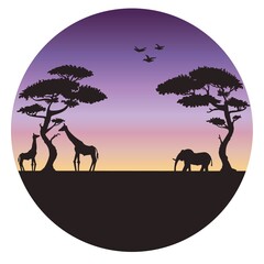 Fototapeta na wymiar Flat vector illustration with silhouettes of animals on a sunset background. African savannah with a beautiful landscape of large trees