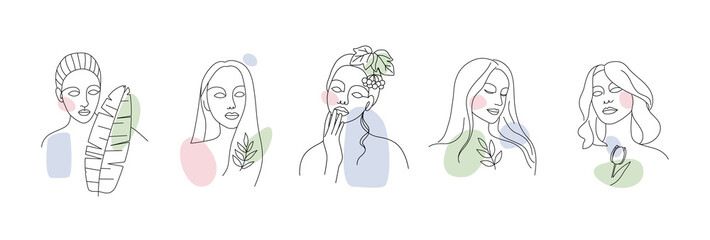 A set of various abstract faces and shapes with leaves, berries. Portrait of a woman in a fashionable minimalism style, contour with a black line. Vector for a poster, cover, flyer or wall decor.