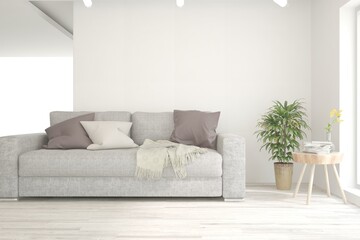 Soft color living room with sofa. Scandinavian interior design. 3D illustration
