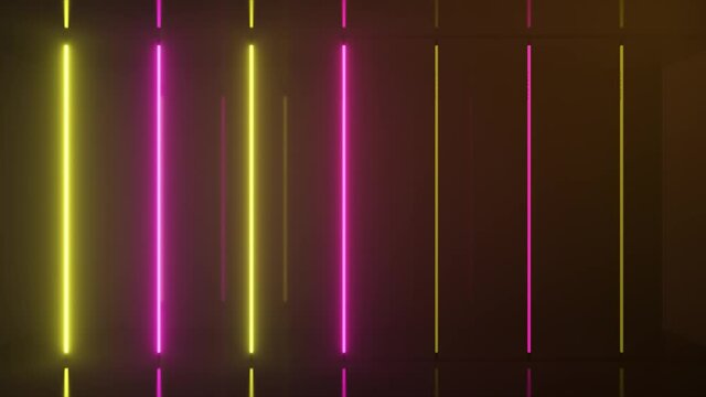 Neon halogen rainbow yellow pink lamps glow with futuristic bright reflections. 3d animation of seamless loop
