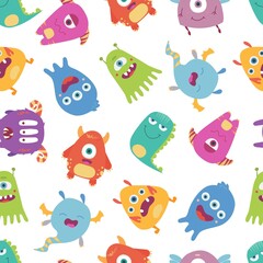 Colorful, bright vector seamless pattern with funny monsters, freaks on a white background.