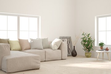 White living room with sofa. Scandinavian interior design. 3D illustration