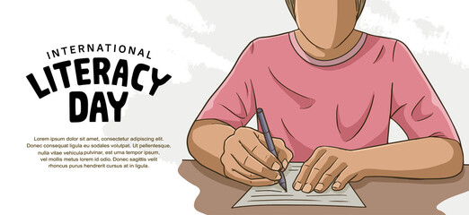 international literacy day with colorful man writing illustration on white background