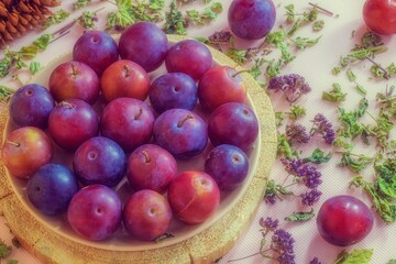 In a wooden bowl there is a juicy homemade plum, and around there are fir cones from the forest and dry grass