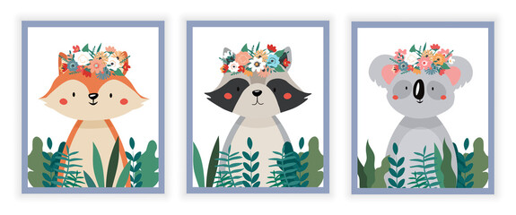 Picture with animals. Squirrel, raccoon and koala stand among flowers. Posters and stickers for children. Wildlife, mammal. Flora and fauna. Cartoon flat vector set isolated on white background © Rudzhan