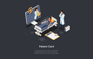 Isometric 3D Illustration. Cartoon Style Vector Composition On Patient Personal Medical Card Concept. Healthcare Service Data, Private Clinic Information Base. Customer, Doctors, Desktop Computer.