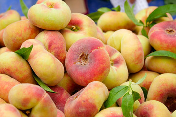 Fresh ripe flat peaches harvested from the orchard
