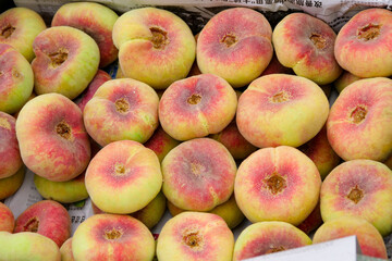 Fresh ripe flat peaches harvested from the orchard