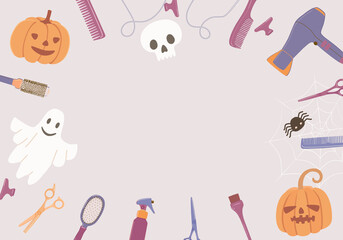 Halloween background with hairdressing tools, pumpkin, spider, skull, ghost and copy space in the center. Image with hair salon accessories for a festive poster, flyer, social media.