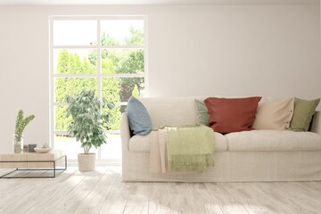 White living room with sofa and summer landscape in window. Scandinavian interior design. 3D illustration