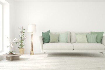 Fototapeta na wymiar Modern living room in white color with sofa. Scandinavian interior design. 3D illustration