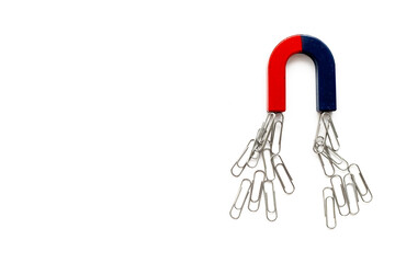 Horseshoe magnet collecting paper clips. Office supplies top view