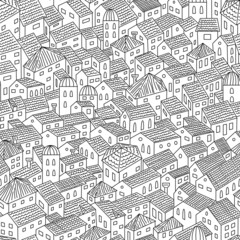 Tiled old city roofs top view seamless pattern, doodle style hand drawn old houses and towers of town