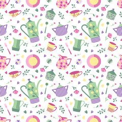 Seamless vector pattern with cups and teapots on a white background