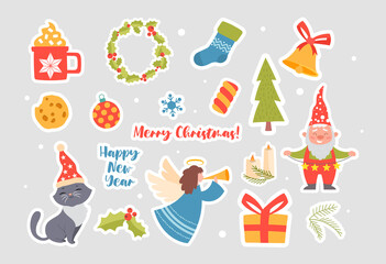 New Year Stickers, Christmas badge set. Favorite winter characters. Holidays symbols. Collection of stickers with angel, gift and Santa. Cartoon flat vector illustrations isolated on white background