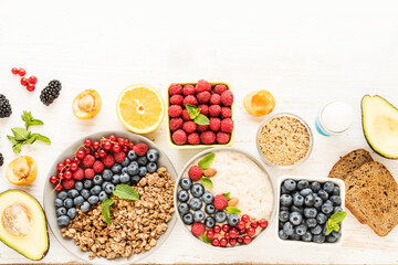 Healthy ingredients for a diet breakfast. Balanced diet top view