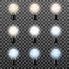 Realistic lightbulb different color temperature isolated on transparent background, vector illustration