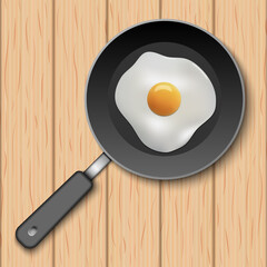 Fried egg with cooking pan on wooden table, vector illustration