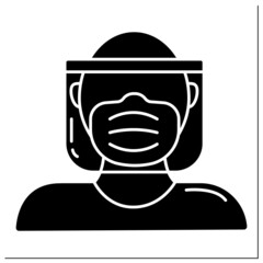Full protection glyph icon. Head, mask and shield. Personal protective equipment. Barrier between person and germs. Medical PPE conceptFilled flat sign. Isolated silhouette vector illustration