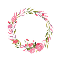 Watercolor illustration. Round frame with pink and green branches on a white background, place for text. Cute, bright wreath, poster. For decorating postcards, messages.