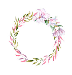 Fototapeta na wymiar Watercolor illustration. Round frame with pink and green branches on a white background, place for text. Cute, bright wreath, poster. For decorating postcards, messages.