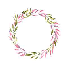 Watercolor illustration. Round frame with pink and green branches on a white background, place for text. Cute, bright wreath, poster. For decorating postcards, messages.