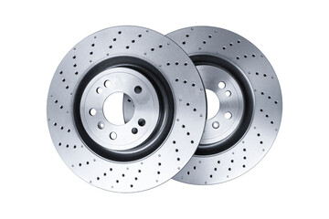 Two car brake disc isolated on white background. Auto spare parts. Perforated brake disc rotor...