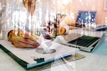 Digital marketing media in virtual screen.business working digital tablet, smartphone with keyboard and computer laptop at office in morning light