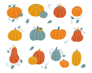 Hand drawn doodle pumpkins with leaves. Set collection for Thankful day or Halloween celebration. Autumn vector illustration. Flat style vegetables.
