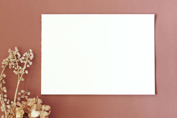 autumn mood background, white blank paper page with dry flowers around on brown background