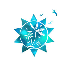 Logo sea, palm trees and seagulls. Vector illustration