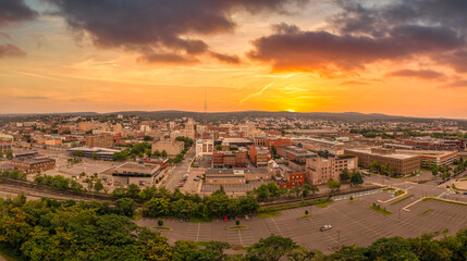 Aerial sunset view of Scranton Pennsylvania, steamtown or electric city home to the legendary office with dramatic colorful sky - obrazy, fototapety, plakaty
