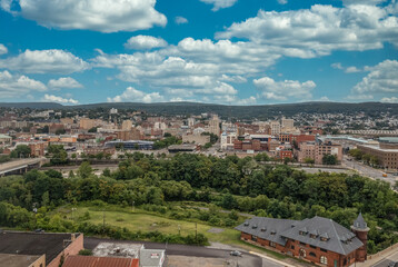 Fototapeta na wymiar Aerial sunset view of Scranton Pennsylvania Steamtown or electric city with cloudy blue sky