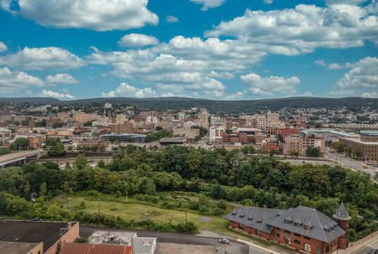 Aerial Sunset View Of Scranton Pennsylvania Steamtown Or Electric City With Cloudy Blue Sky