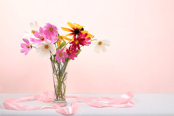 Bouquet with daisies in a vase, abstract flower arrangement, spring or autumn background with place for text, minimal holiday concept, still life, postcard. 