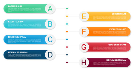 Rectangles with rounded corners and option in circle - eight items in different color, can be used as infographics element