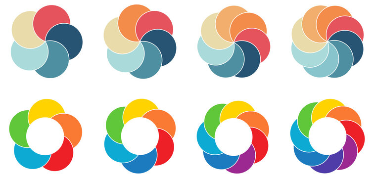 Overlapping circles arranged on larger round object, forming flower like shape version with five to eight parts. Can be used as infographics element