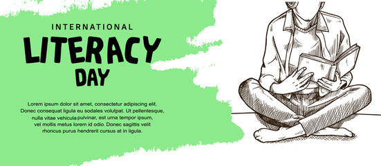 international literacy day with man reading book illustration, green brush isolated on white background