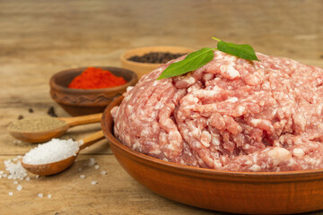 Raw minced meat. Ground pork with spices