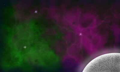 Obraz na płótnie Canvas Purple and Green Nebula Web with Glowing neon white speckled planet.