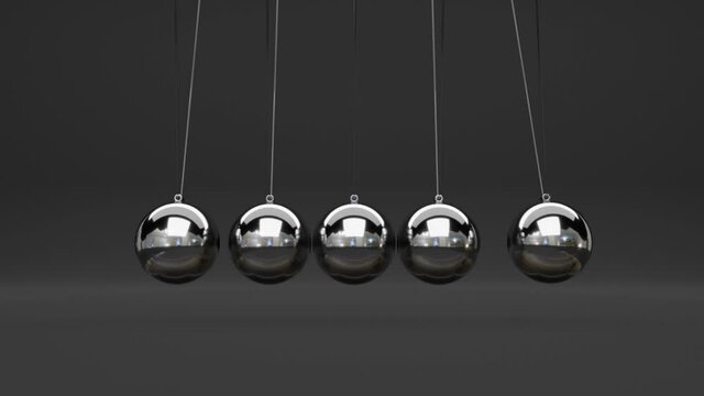Newton cradle with balancing pendulum of silver metal balls hanging  background isolated with shadows. 3d render
