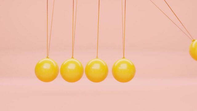 Newton cradle with balancing pendulum of silver metal balls hanging  background isolated with shadows. 3d render