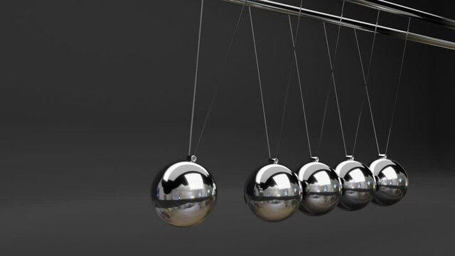 Newton cradle with balancing pendulum of silver metal balls hanging  background isolated with shadows. 3d render