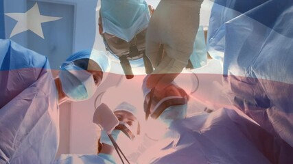 Animation of flag of chile waving over surgeons in face masks - Powered by Adobe