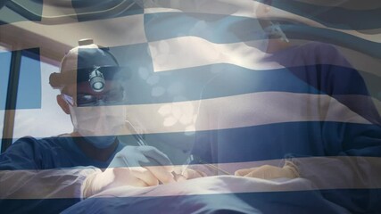 Animation of flag of greece waving over surgeons in face masks - Powered by Adobe