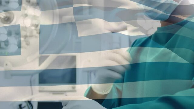 Animation of flag of greece waving over surgeons in face masks